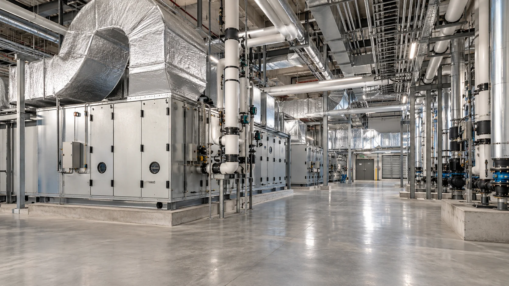 Illustrative commercial mechanical plant room with air-handling units, insulated ducts, pipes and service clearances