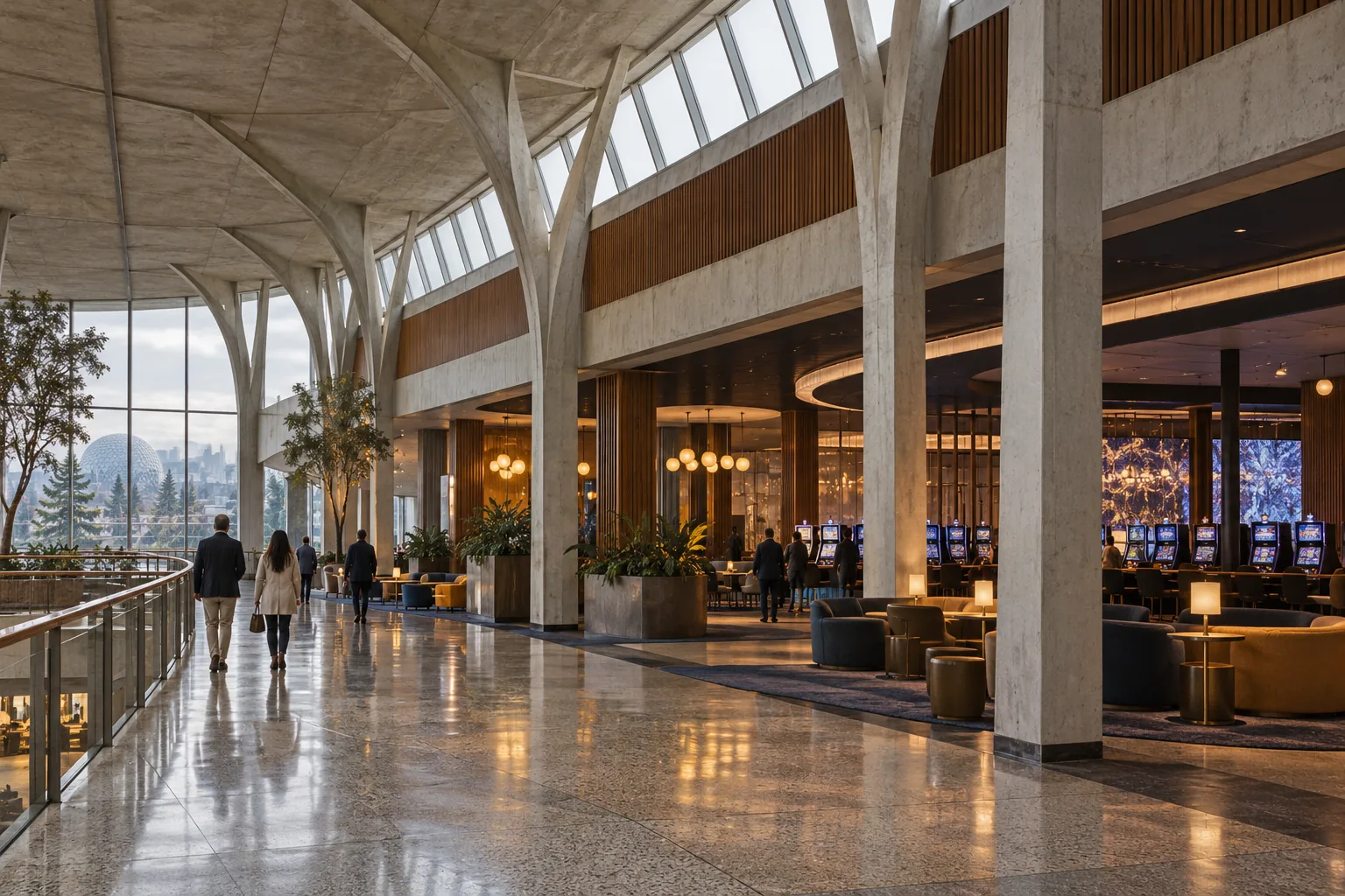 A contemporary casino interior adapts an older exhibition hall with retained structural arches and new gaming spaces