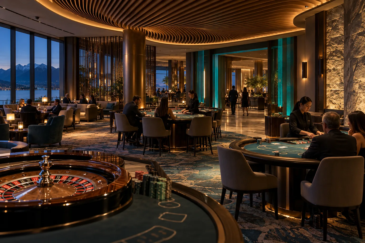 A contemporary gaming floor layers focused table lighting, soft ceiling illumination and restrained teal wayfinding accents