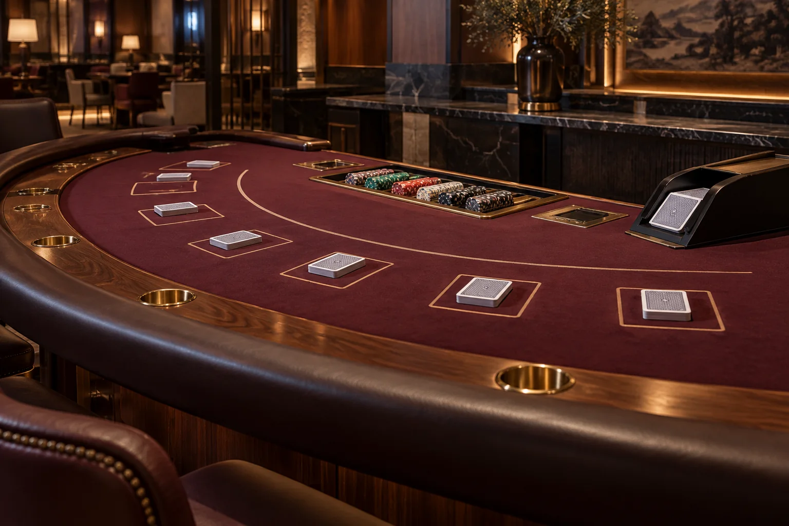 A roulette table under even low-glare task lighting with a darker lounge and wall-wash lighting beyond