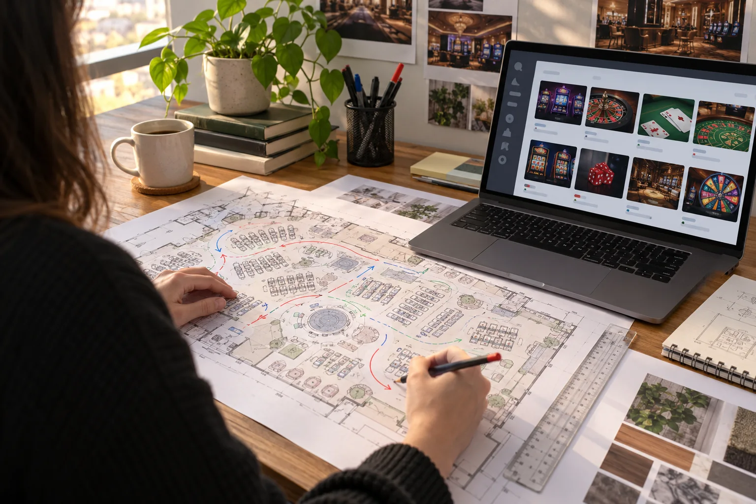 A designer reviews a paper casino floor plan beside a monitor showing a digital game catalogue