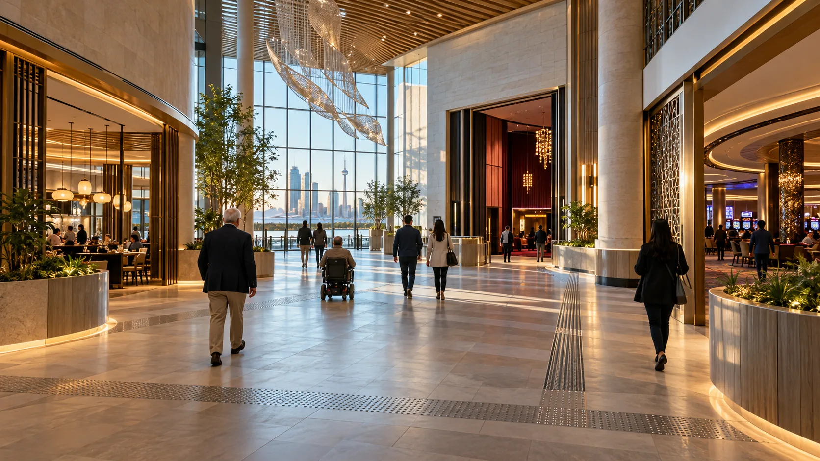 Visitors cross a daylight-filled Canadian resort lobby toward distinct public destinations
