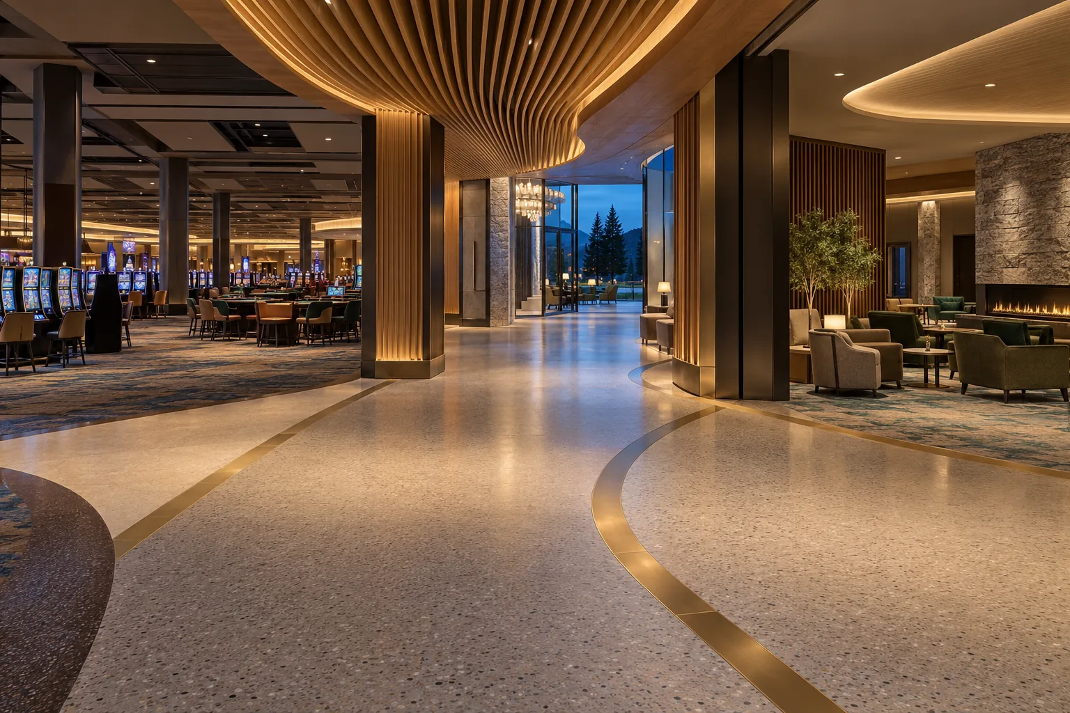 A branching casino concourse uses a timber ceiling and floor band to mark routes between gaming and a lounge