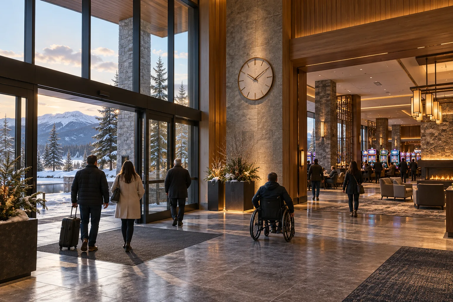 A bright Canadian casino entrance with a glazed facade, a visible wall clock and seating beyond the lobby