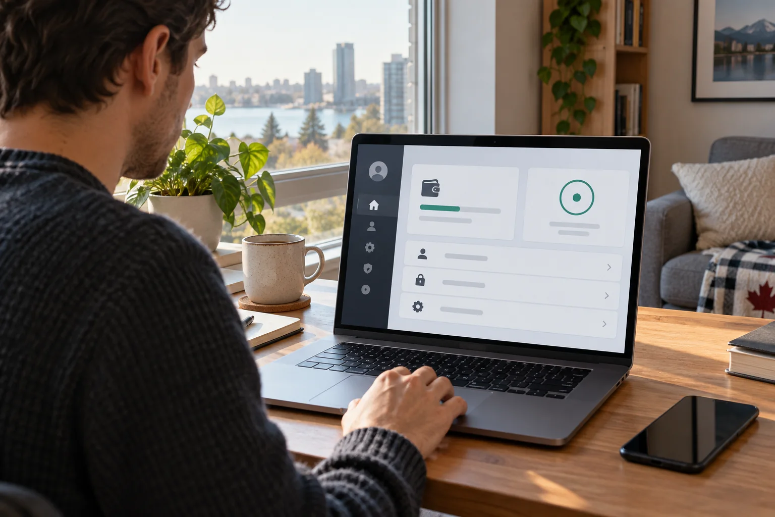 A person reviews an unbranded online casino account dashboard with balance, session status and account controls on a laptop
