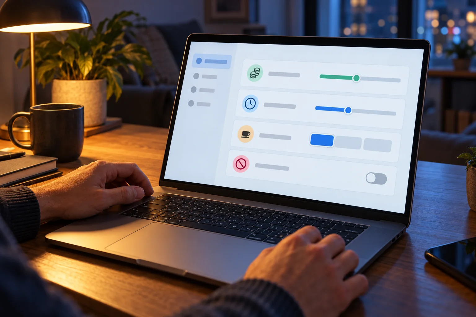 A hand uses a laptop to open clearly separated time limit, spend limit and self-exclusion controls in a generic online gaming account