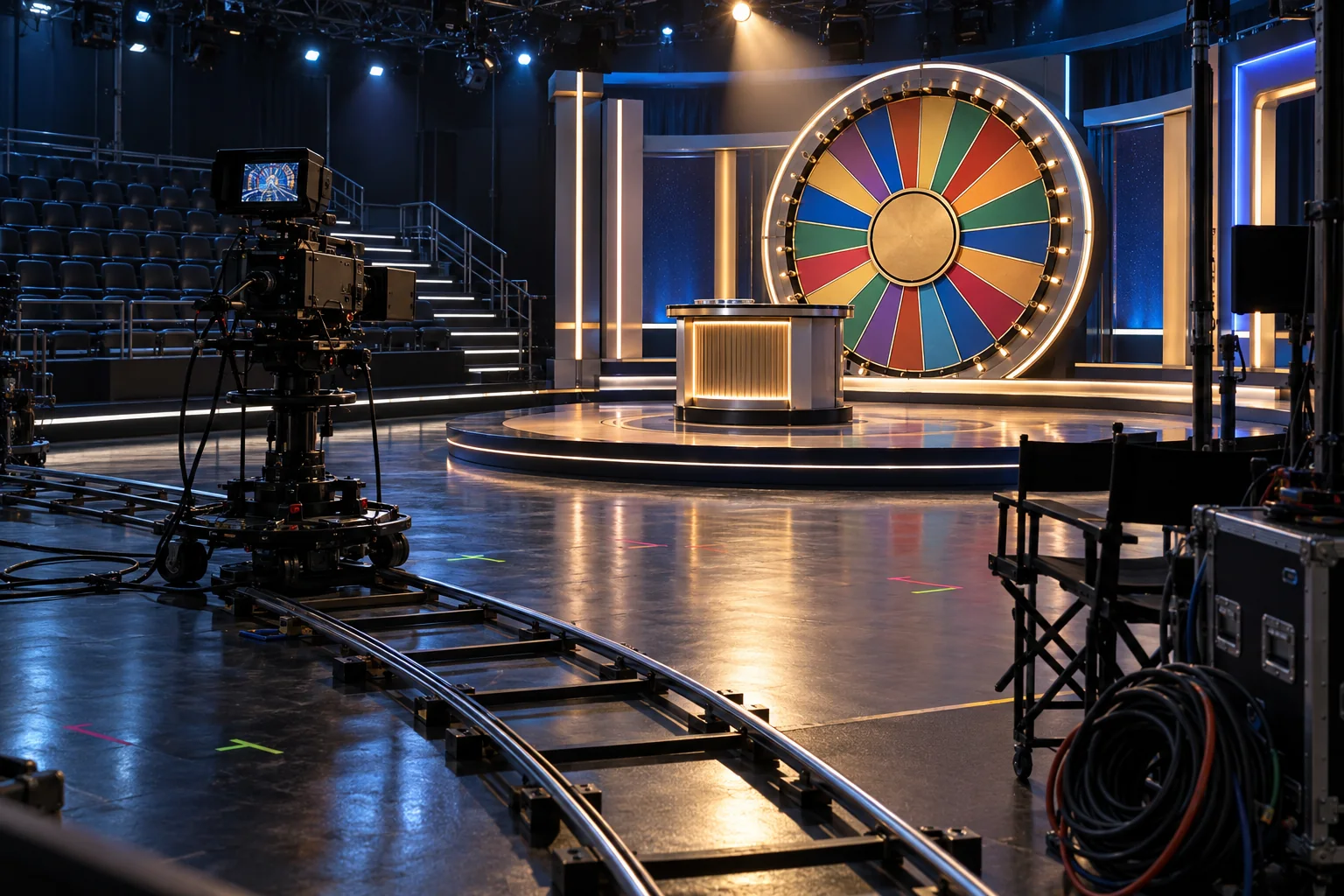 A studio floor view showing presenter marks, a camera track and a large scenic wheel set under coloured stage lighting