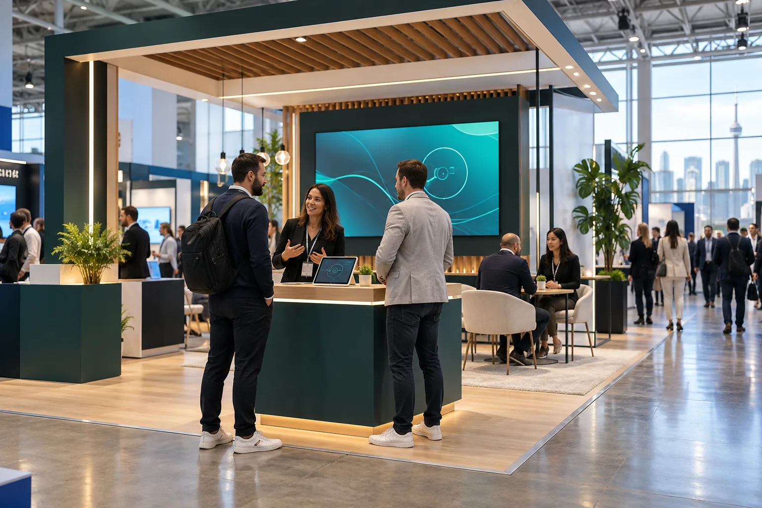 Business visitors meet at a restrained iGaming exhibition stand in a bright Toronto convention hall