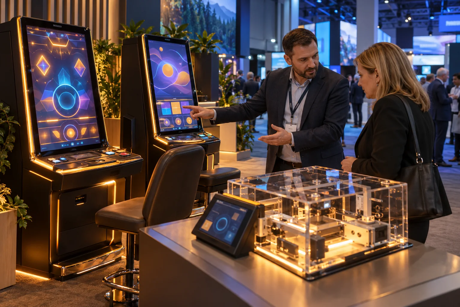 A product specialist demonstrates unbranded gaming cabinets to an operator at a trade show