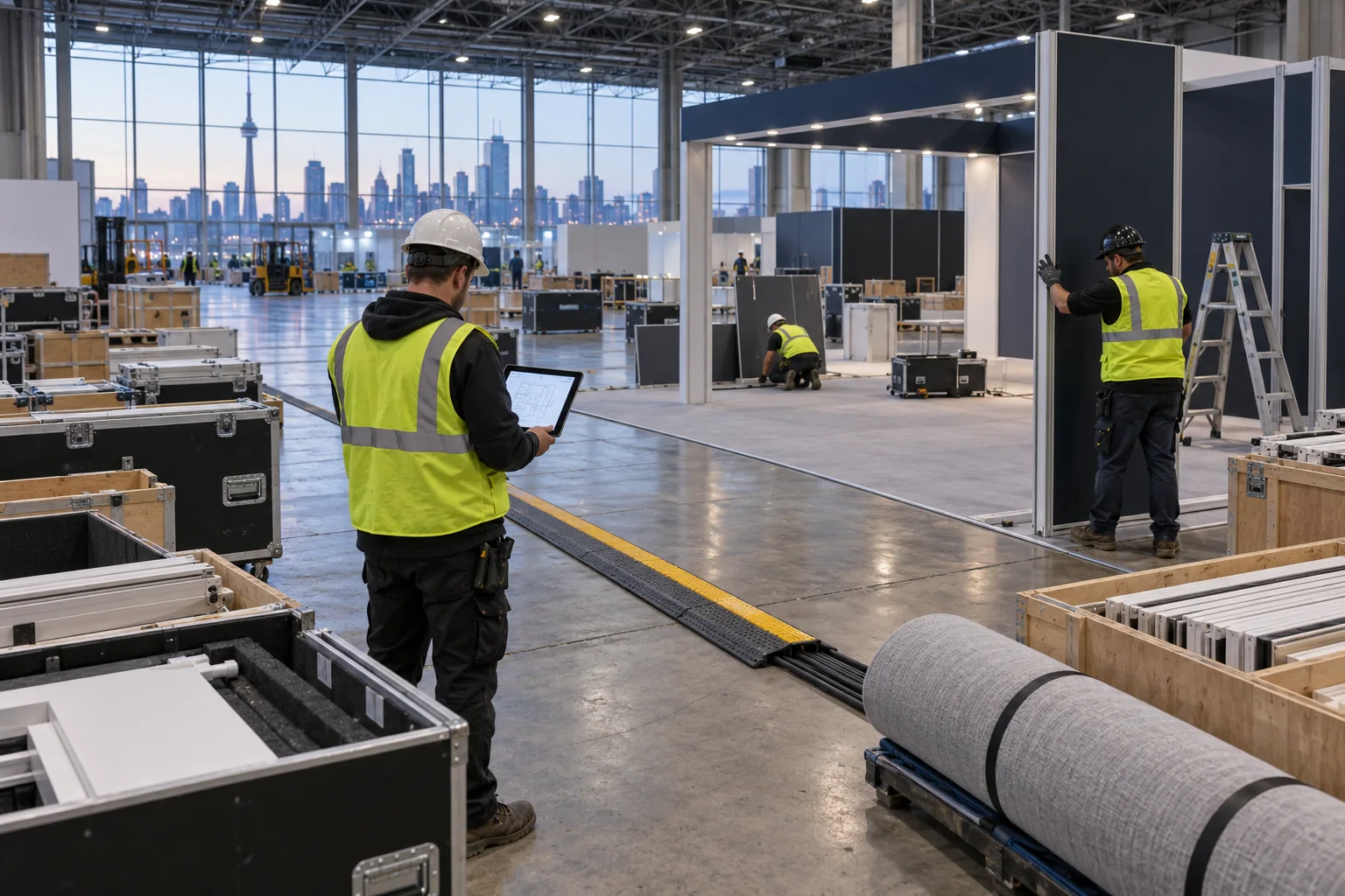 An installation crew assembles reusable exhibit walls beside crates before a convention opens