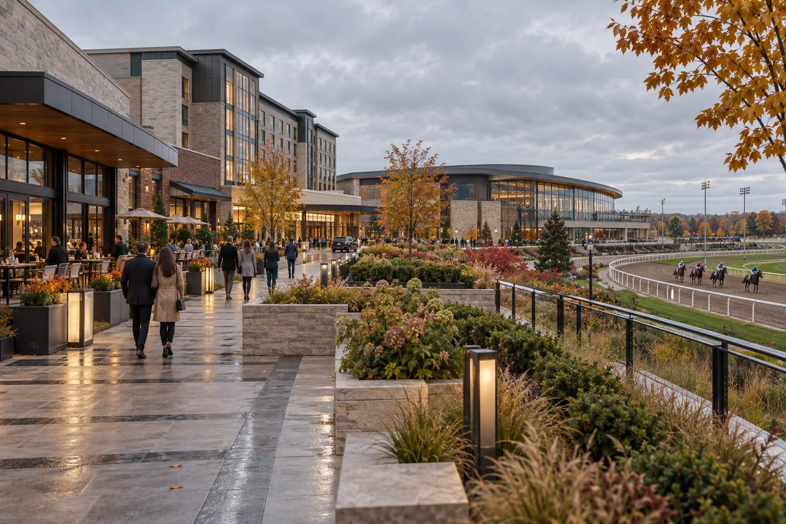 A Canadian resort campus places a hotel tower, entertainment hall and racetrack edge around landscaped pedestrian paths