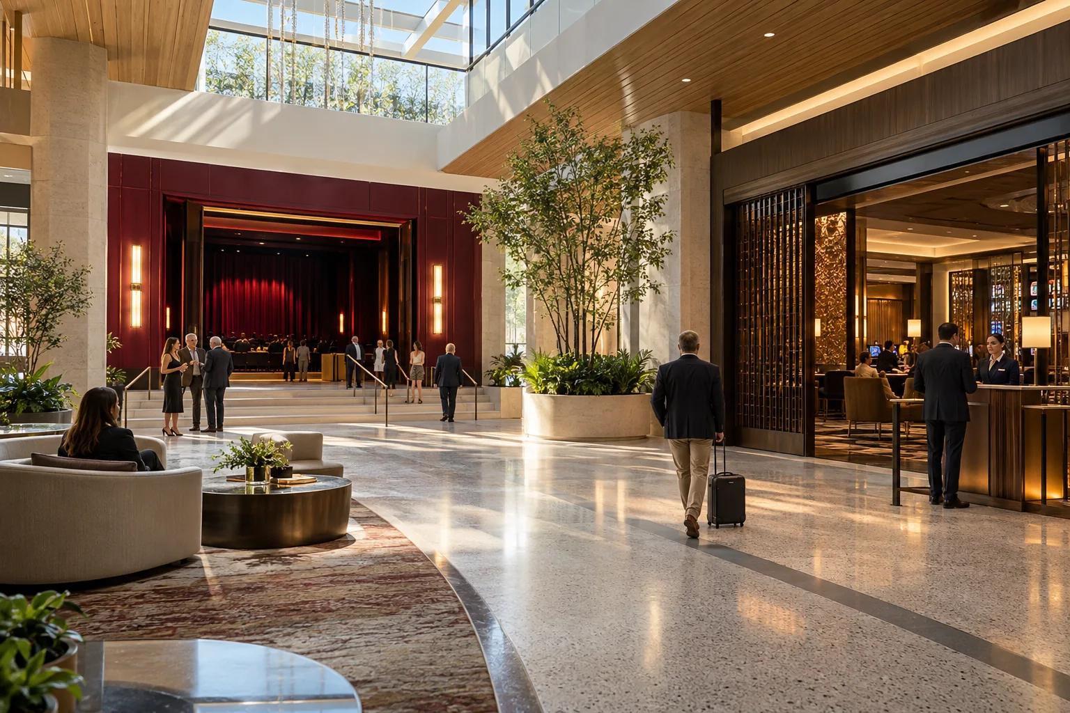 Visitors move through a multi-level resort concourse linking a theatre, hotel lobby and controlled gaming entrance
