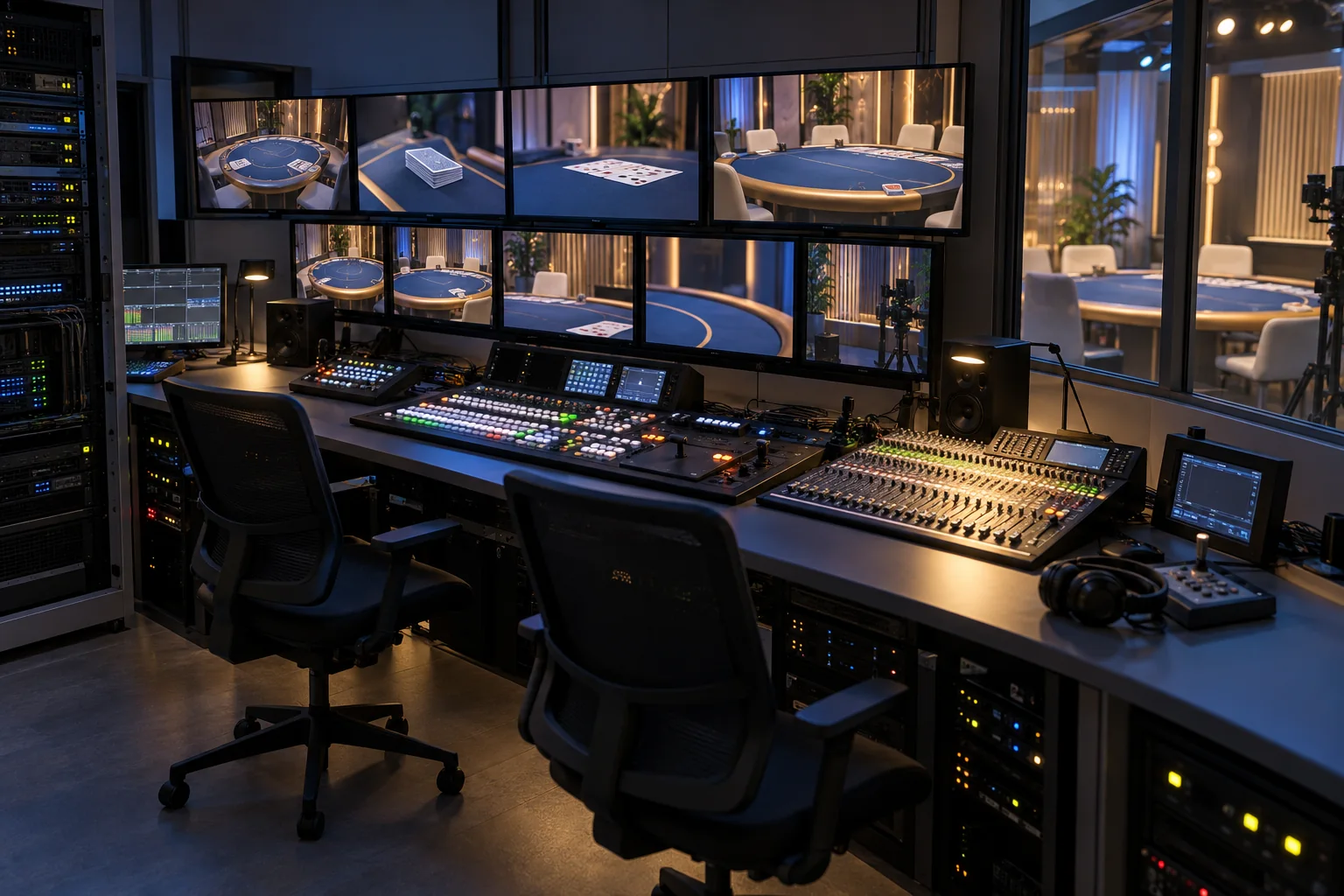 An unoccupied broadcast control room with video monitors, audio console and equipment racks