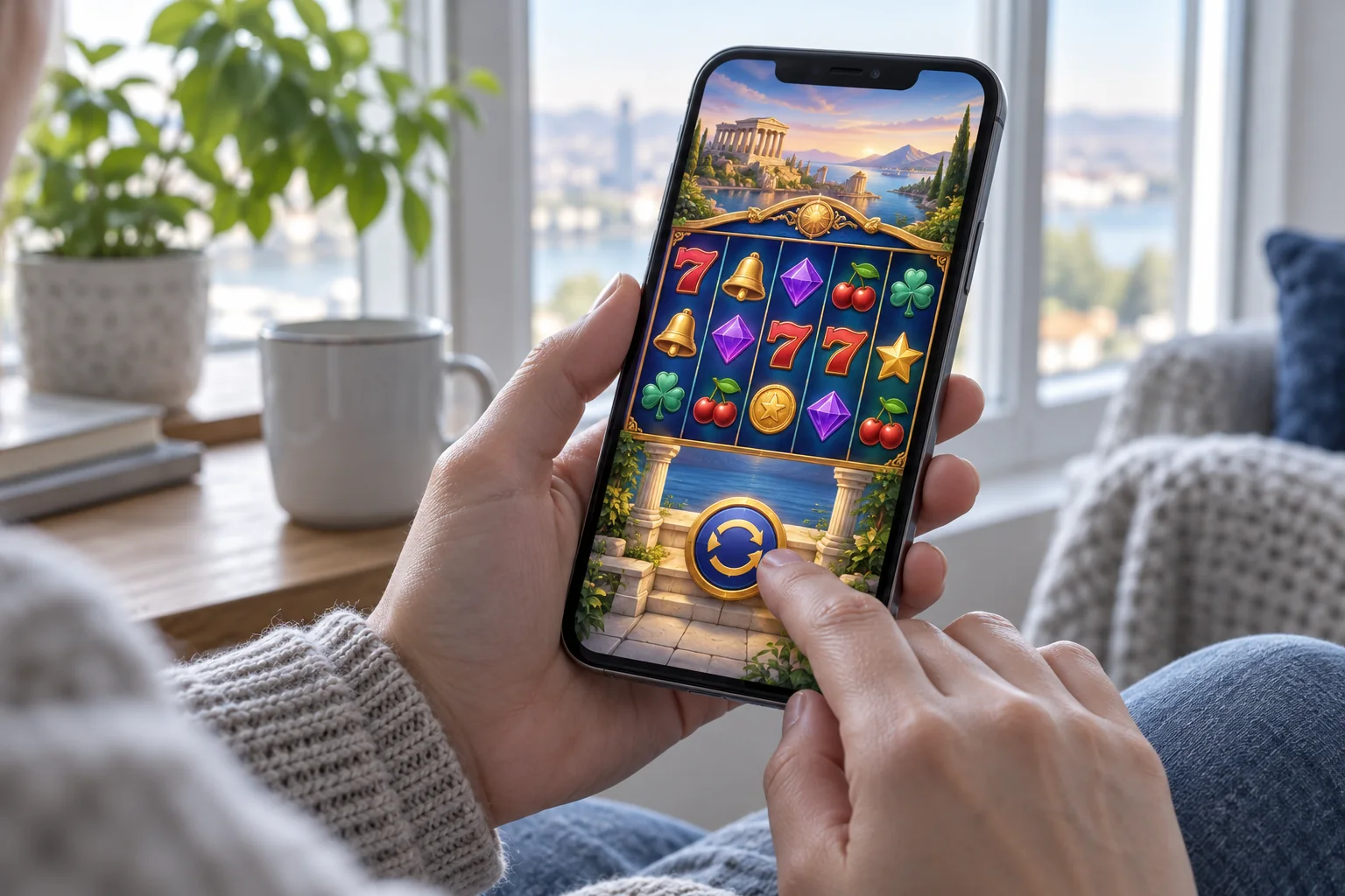 A person tests a generic casino game interface on a smartphone in portrait orientation beside a daylight window