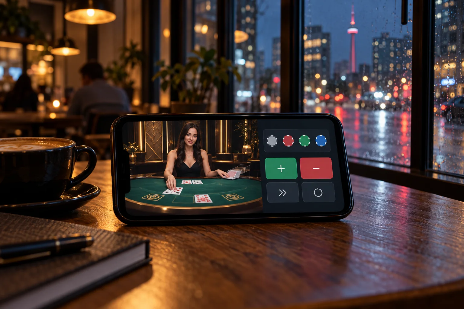 A smartphone in landscape orientation displays an unbranded live table game mockup with controls placed beside the video