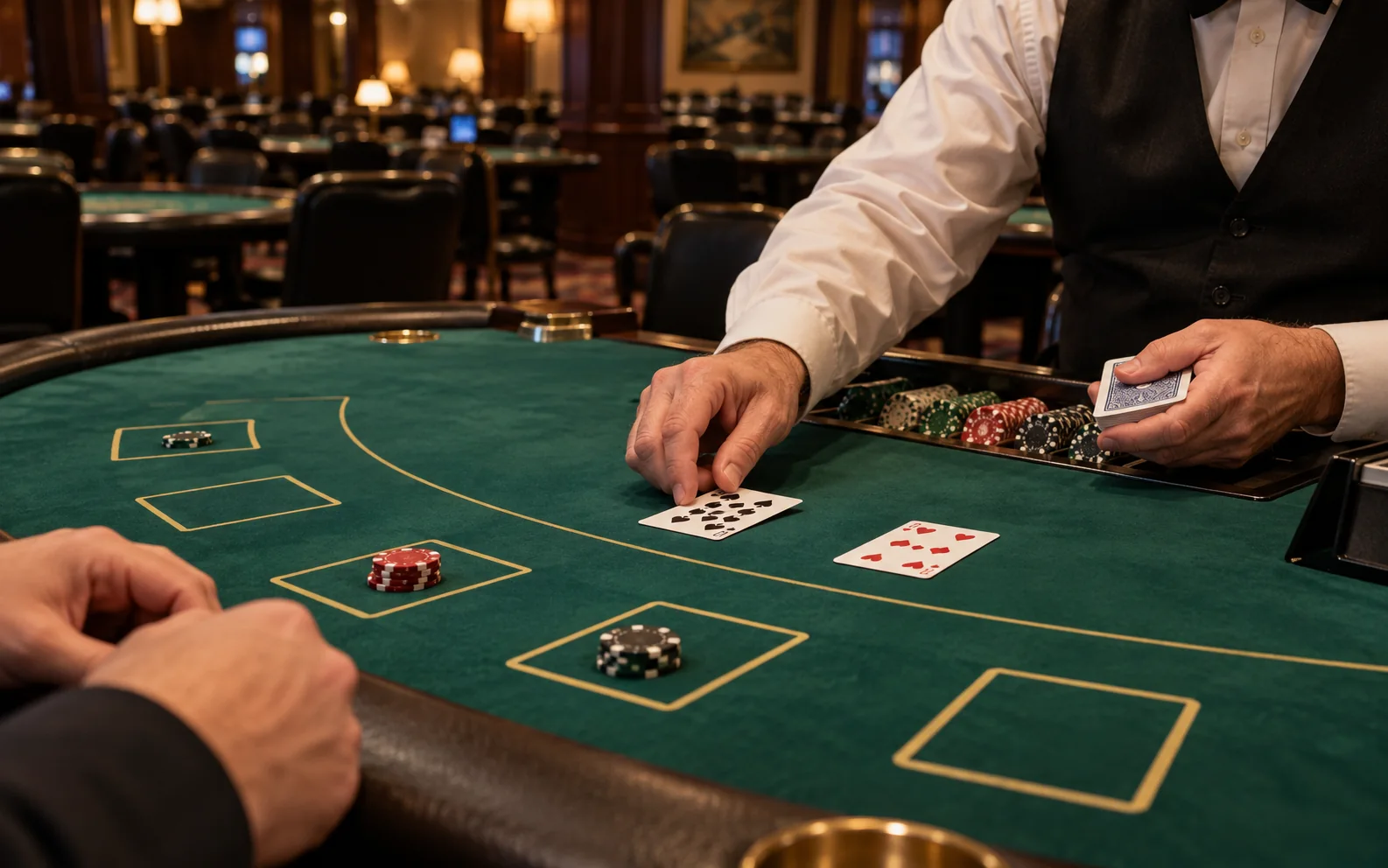 A dealer's hands prepare cards and chips at a physical blackjack table under warm casino lighting