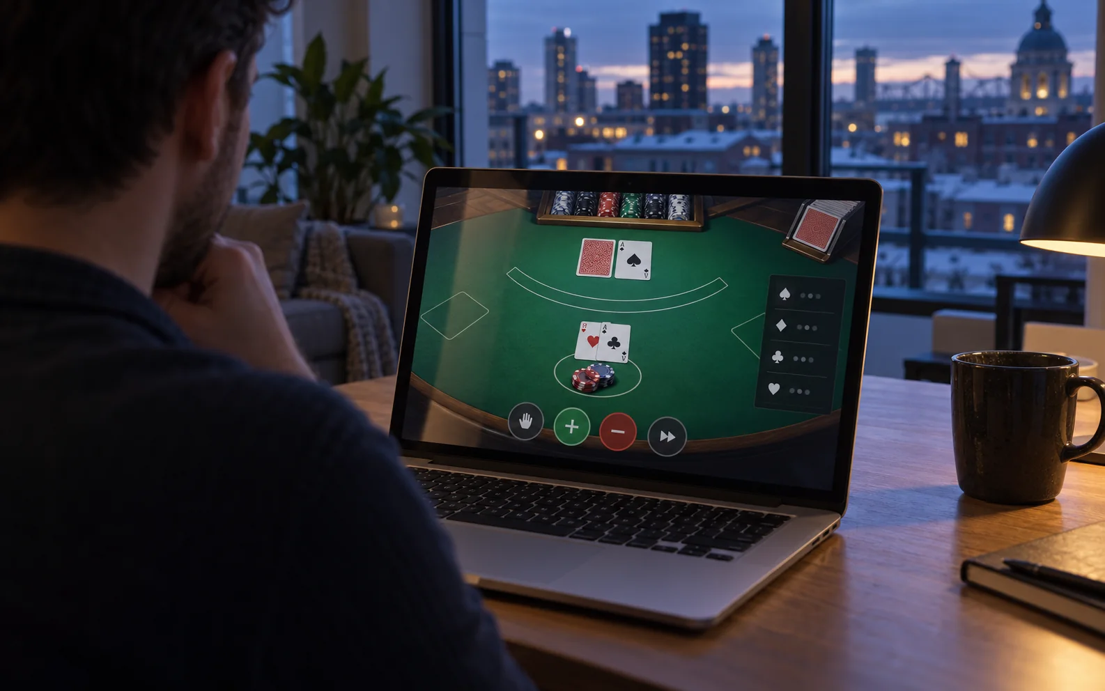 A laptop presents an unbranded digital table-game interface with game rules, player choices and a clear round status