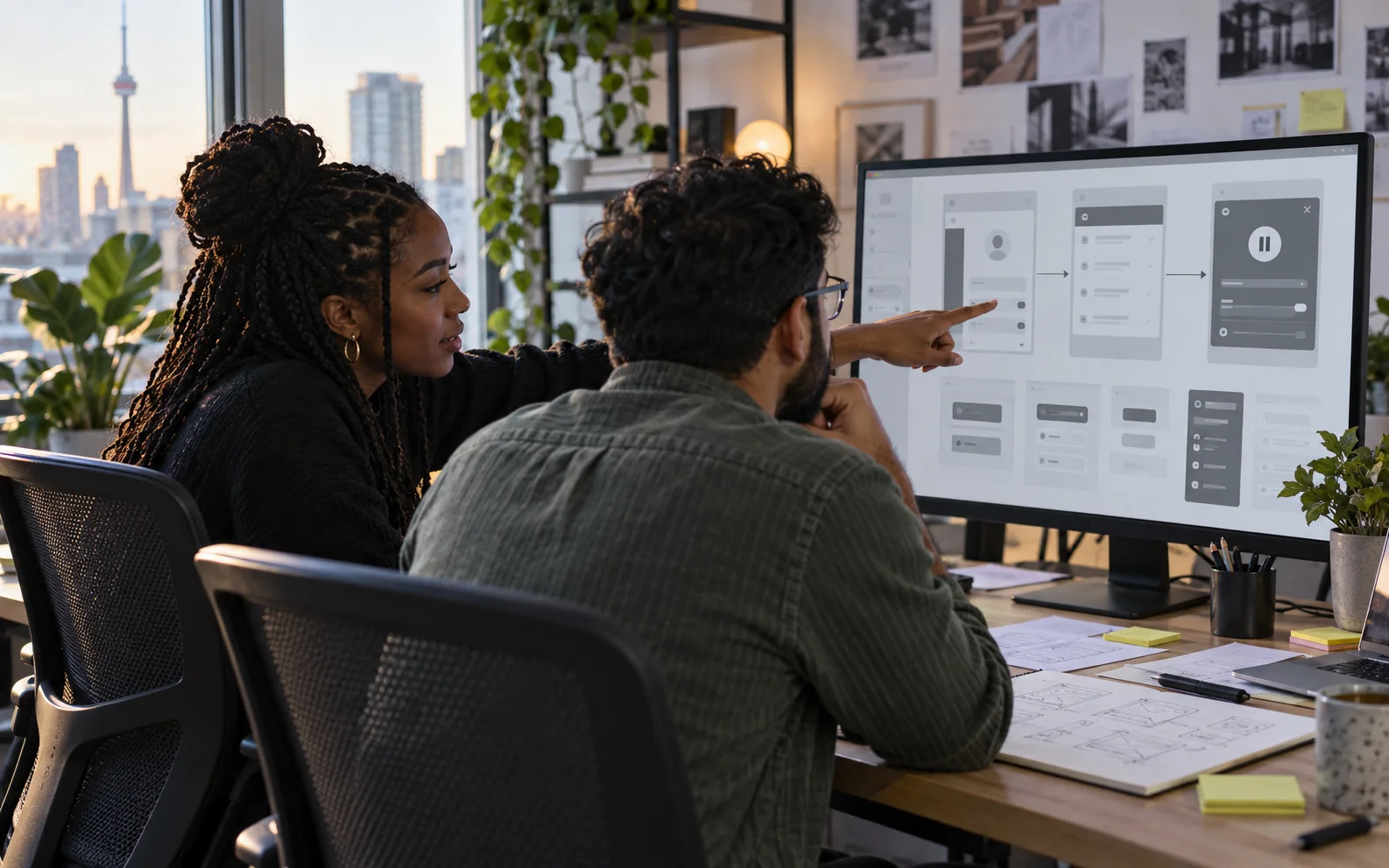 Product designers review two alternative gaming account wireframes on a monitor in a Toronto studio