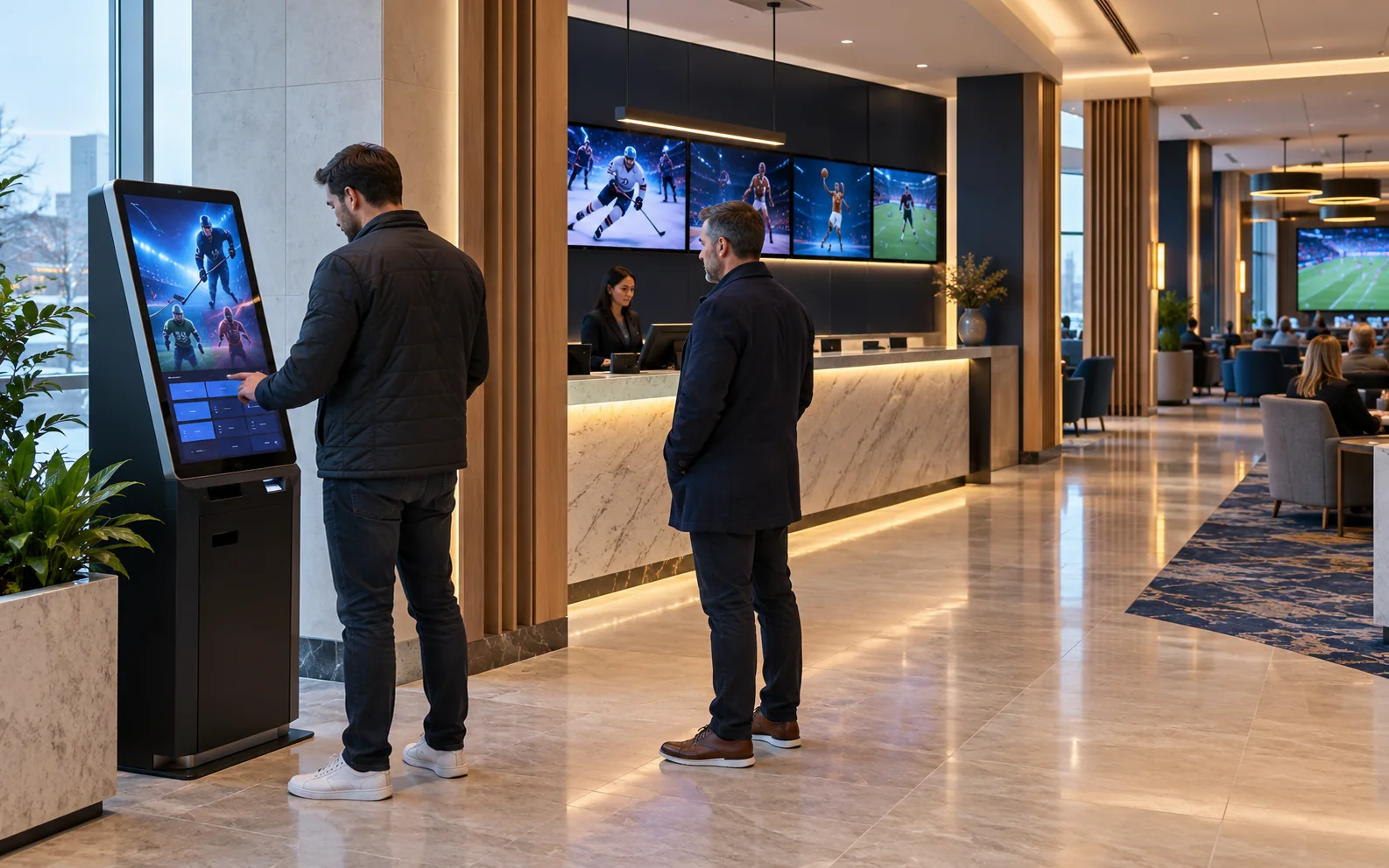 A sports betting kiosk and staffed counter sit beside a lounge entrance with clear circulation