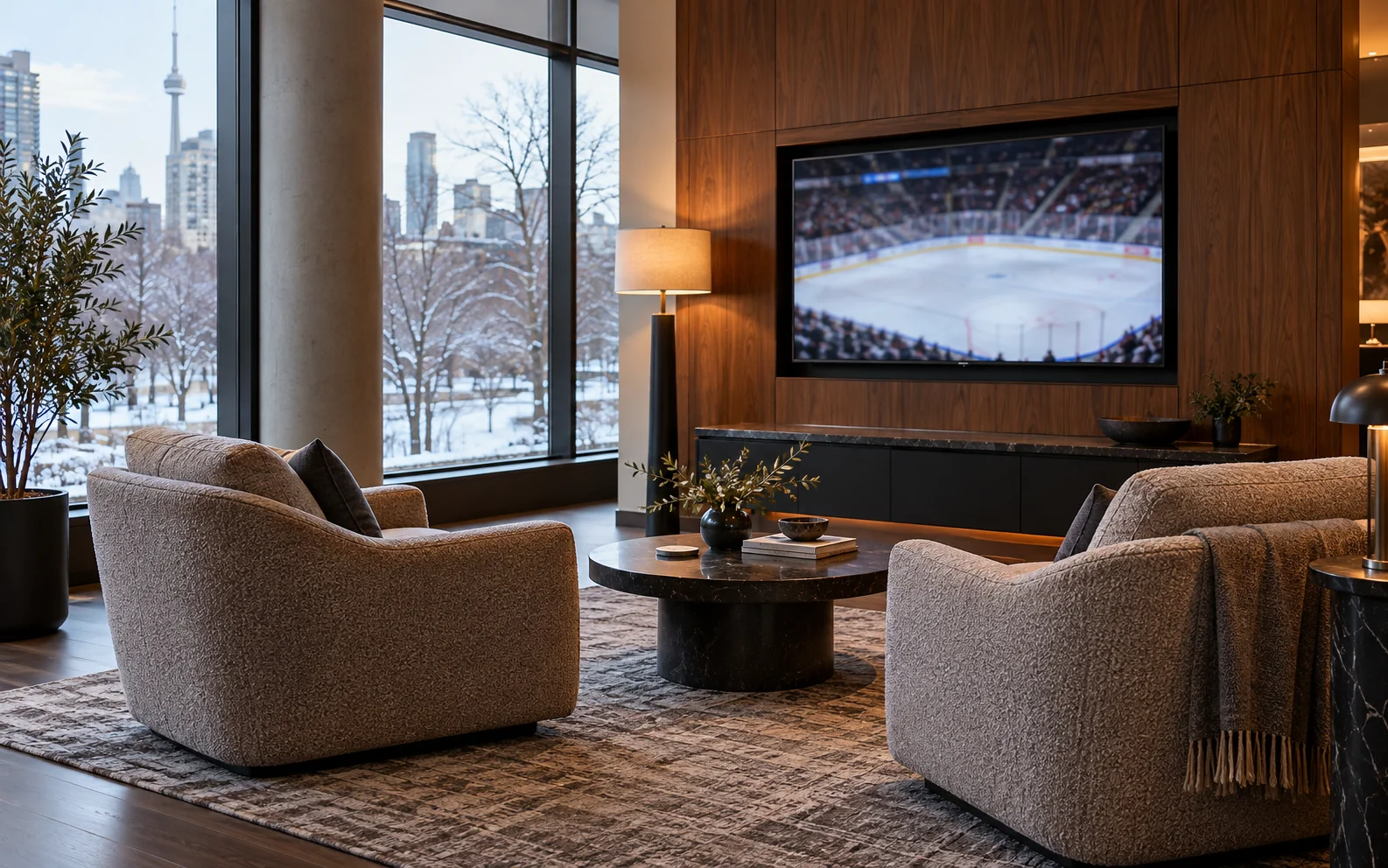 A quieter lounge corner offers table seating, a smaller screen and daylight beside the main viewing zone