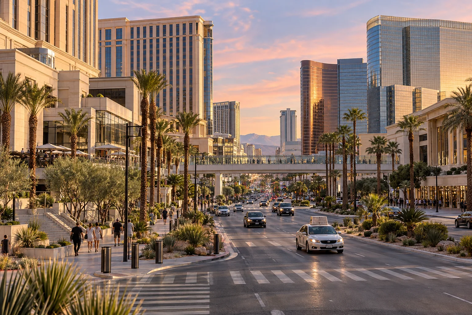 A resort corridor at dusk with a low desert horizon, illuminated hotel towers and pedestrian crossings