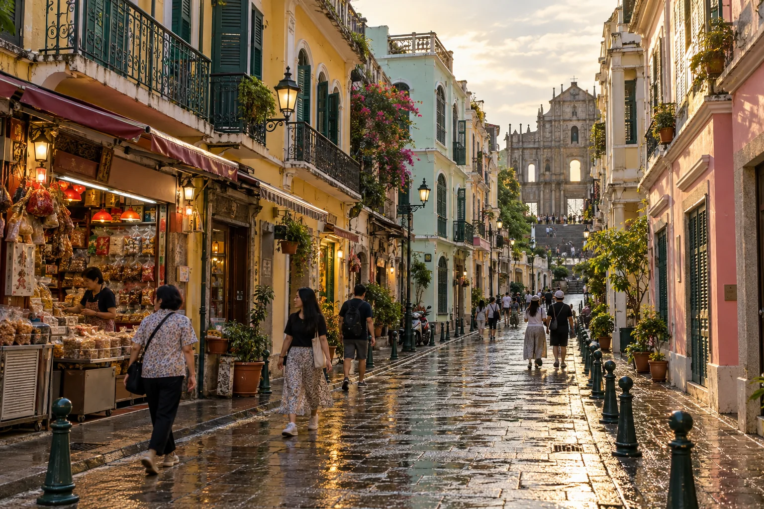 Macao street blocks with Portuguese and Chinese architectural details leading toward a distant modern resort skyline