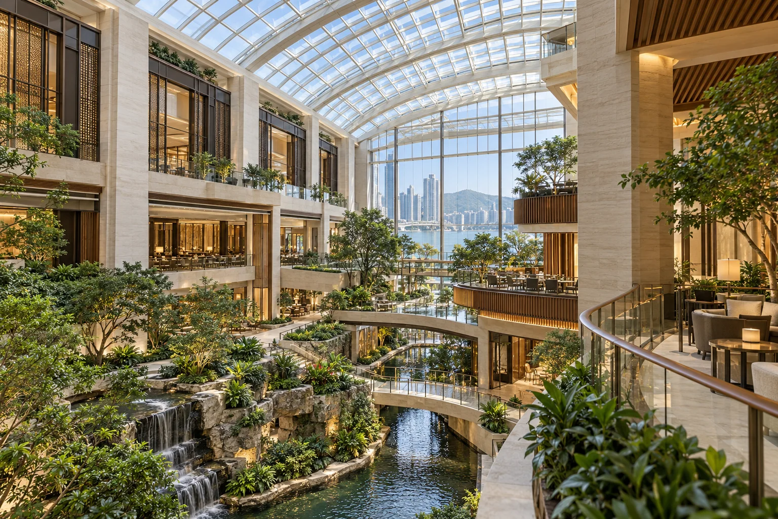 Resort atrium with public circulation around an indoor garden